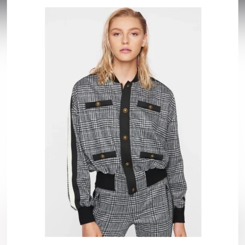 Pam & Gela Plaid Full Zip Bomber Jacket Stretch Black Gray White Womens Sz M/L